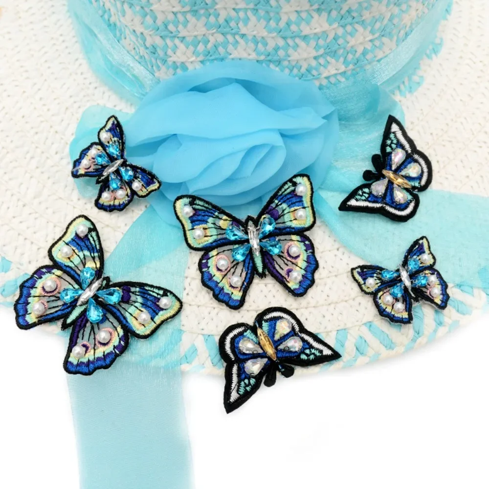 Handmade Blue Butterfly Cloth Sticker Embroidery Cloth Sticker Hand Sewn Clothing Accessories Nail Beads DIY Clothes Patch Stick