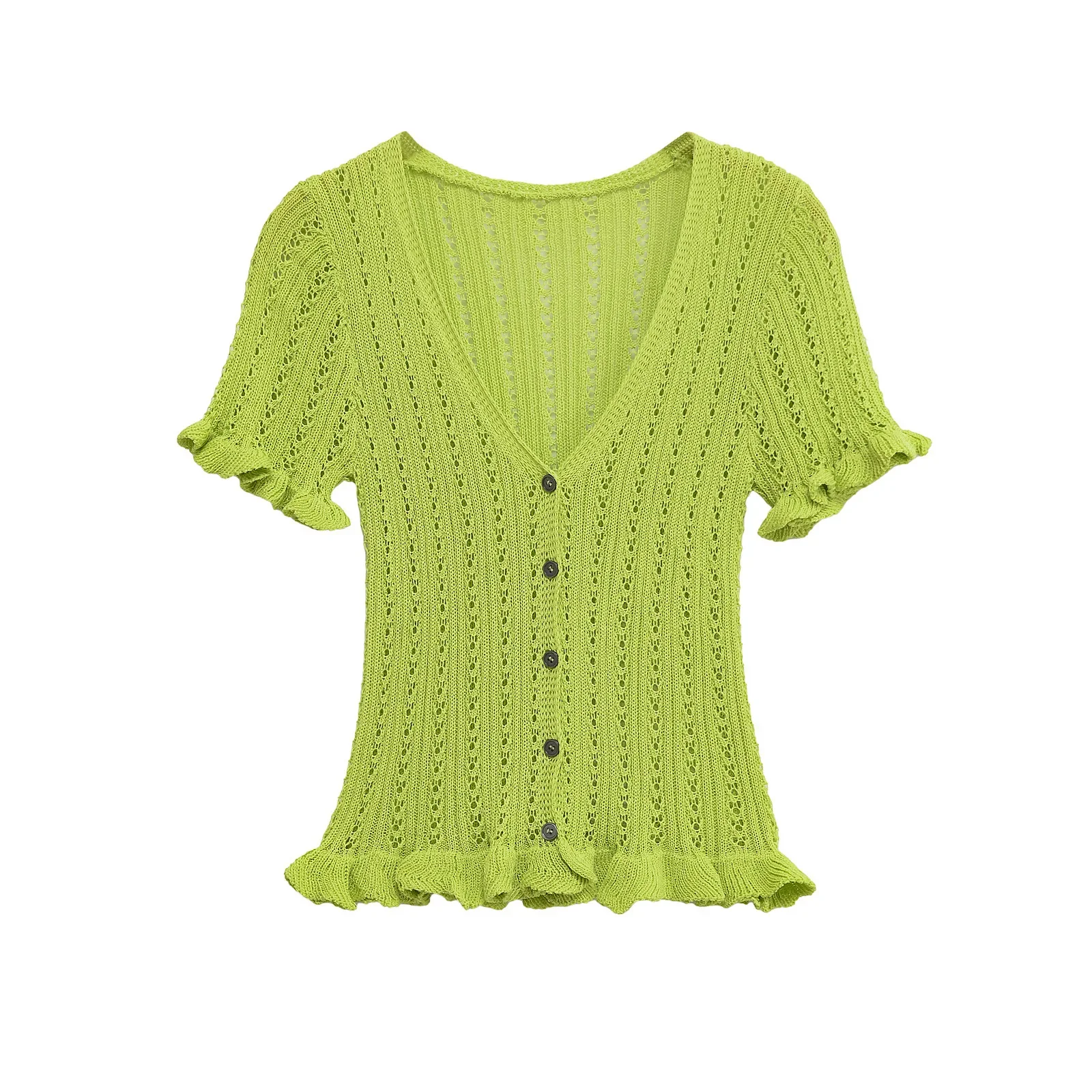 

ZBZA Woman Pointelle Knitted Ruffled Cardigan V-neck Short-sleeved Single-breasted Slim Fit Solid Cropped T-shirt Summer New Top