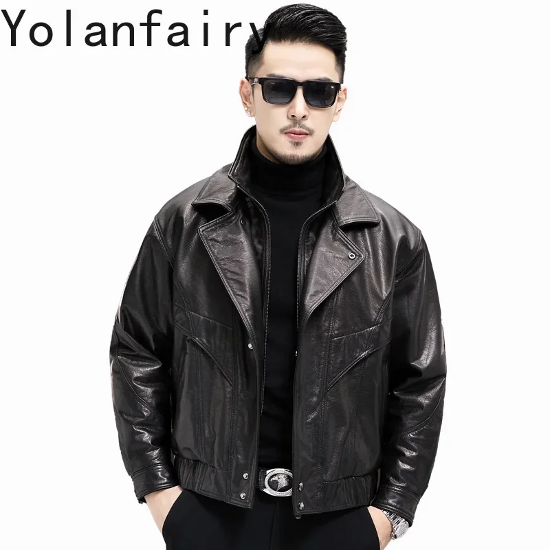 

YOLANFAIRY Leather Jackets Genuine Cowhide Men's Clothing Autumn Winter Loose Stand Collar Motorcycle Jacket Coats New Chaqueta