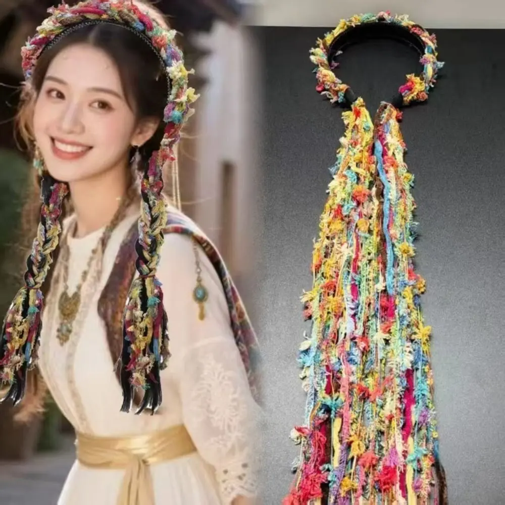 

Boho Style Chinese Tibetan Hairband Long Tassel Candy Colored Ethnic Hair Hoop Colorful Ribbon Weaving