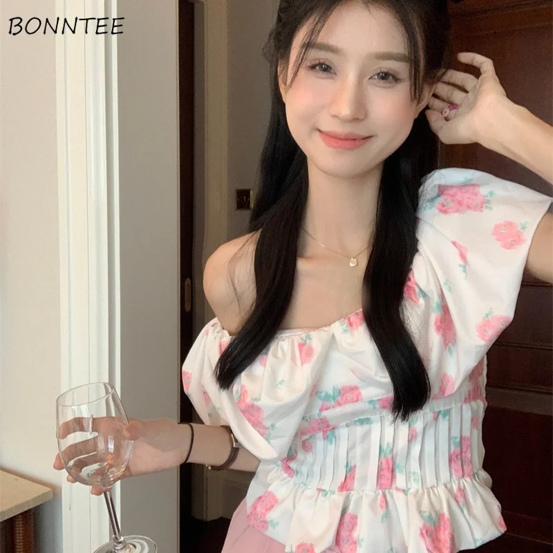

Slash Neck Blouses Women Floral Puff Sleeve Slim Cropped Tops French Style Tender Fairy Sweet Attractive Summer Age-reducing