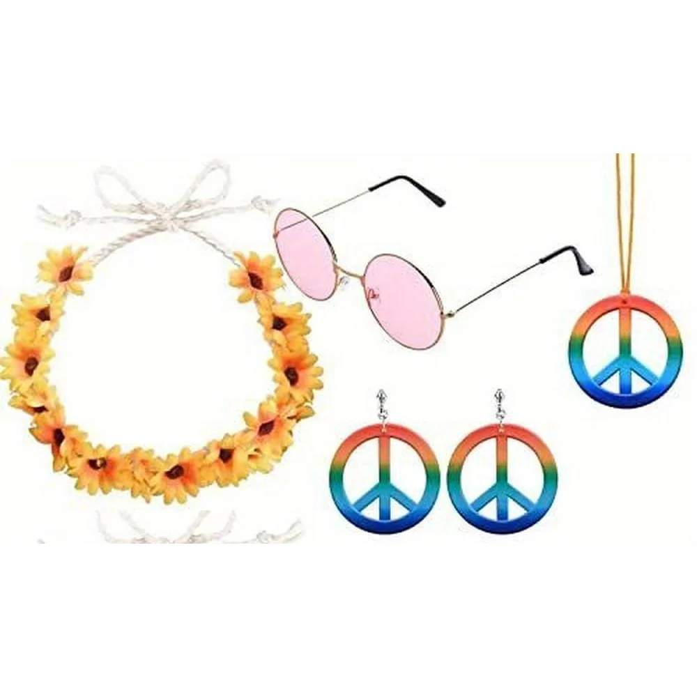 مجموعة إكسسوارات أزياء الهيبي للنساء ، غطاء الرأس ، القرط ، القلادة ، النظارات ، 7 من صوف الهيبي