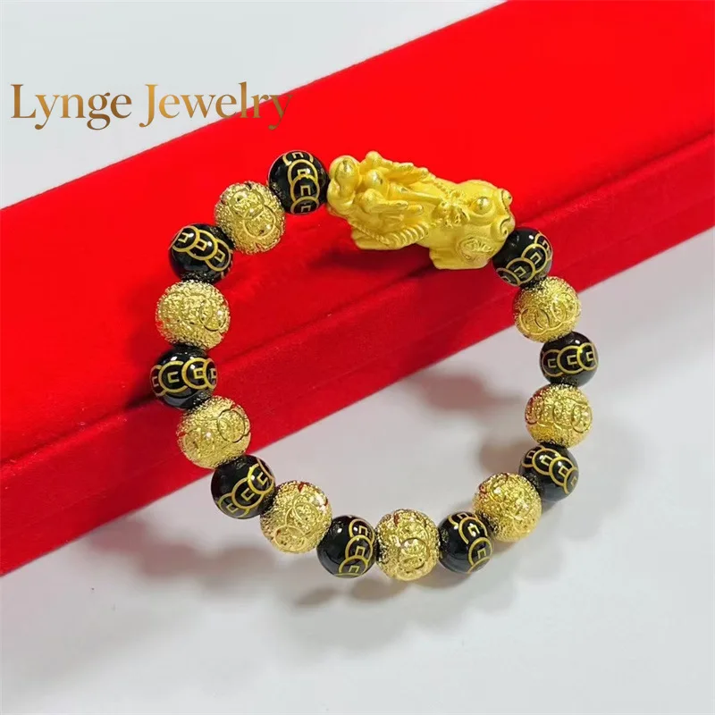 Lynge Jewelry 9999 24K real gold hollow Pixiu bracelet ring bead DIY paired with trendy accessories bracelet