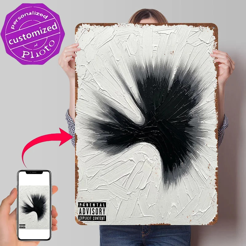 Abstract Black and White Paint Splatter Personalized 3D Textured Metal Poster Wall Art Tinplate Sign for Room Decoration Decor