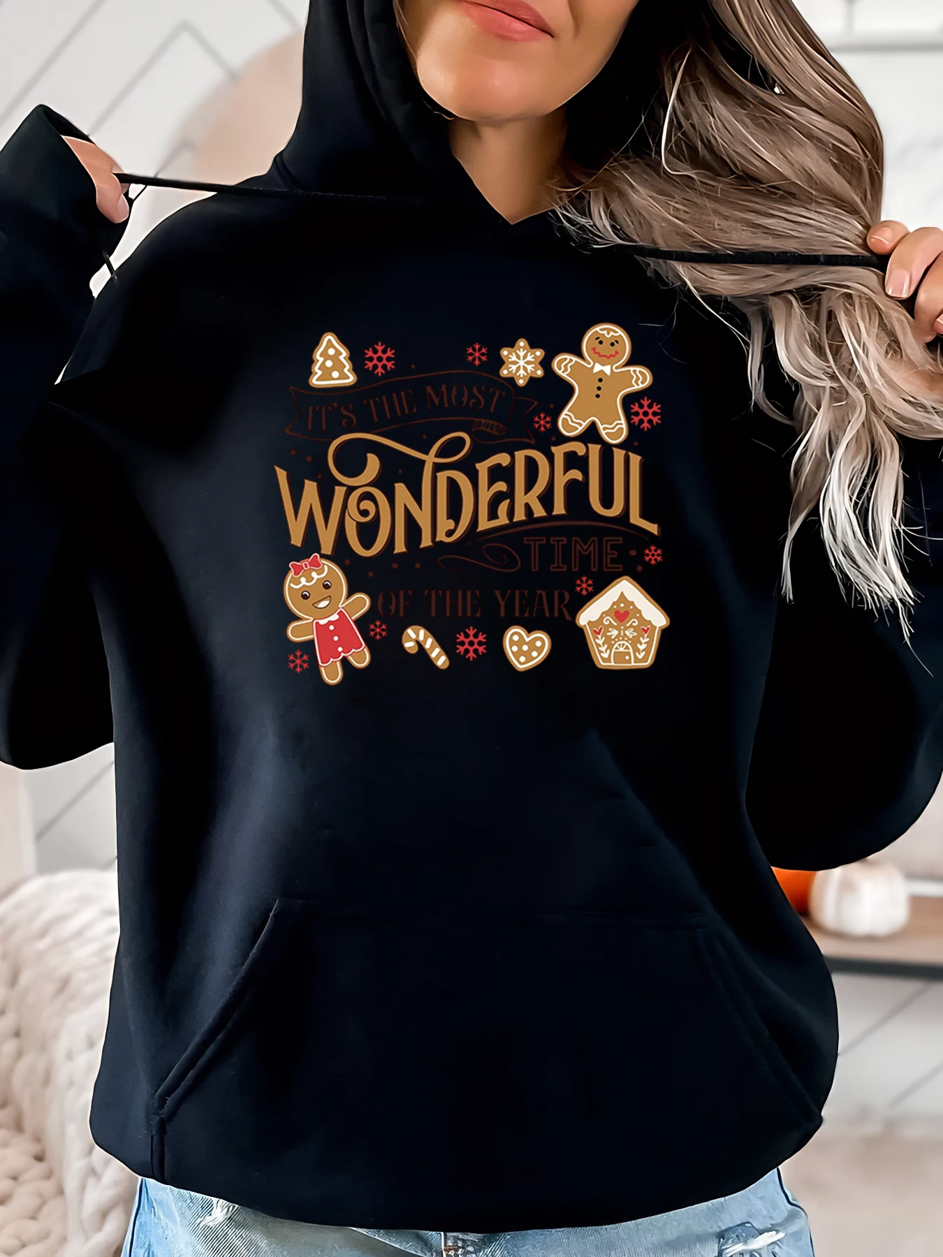 

Gingerbread and Candy Cane Print Christmas Hoodie Women Casual Holiday Wear Black Plus-Size