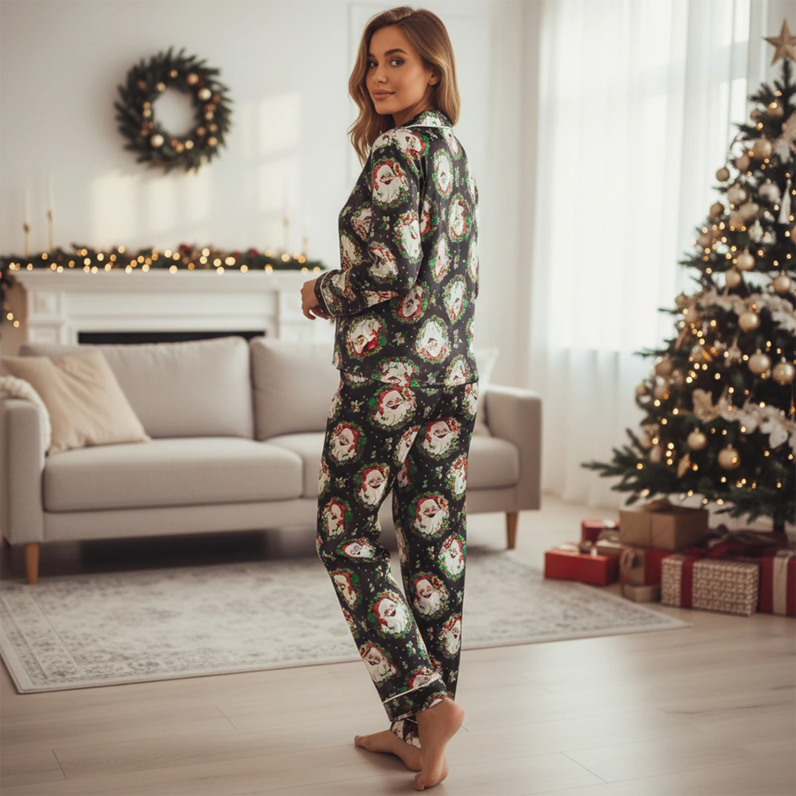 レディース クリスマス パジャマ セット プリント ボタンアップ 長袖 ラペル V ネック トップスとパンツ ラウンジウェア 2 点セット