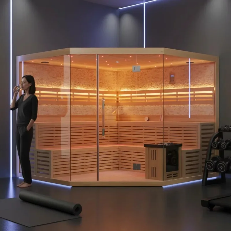A large indoor sauna equipped with a traditional redwood and metasequoia wood dry steam oven.