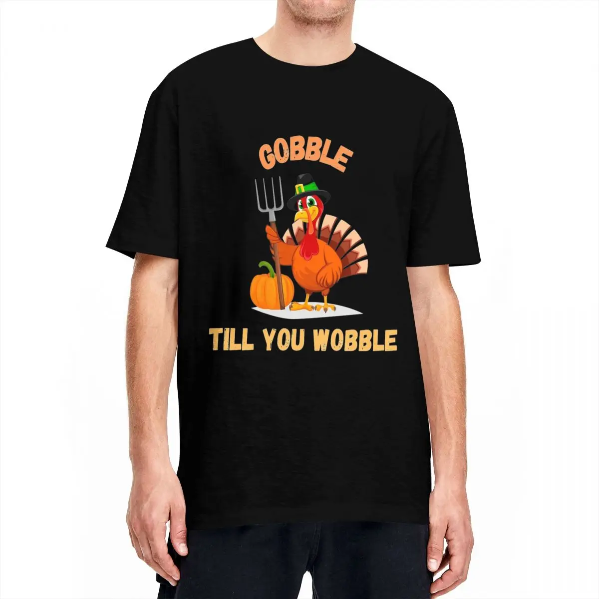 Men T-Shirt Happy Thanksgiving Pumpkin And Turkey T Shirts Fashion Gobble Til You Wobble Summer Tees Y2K Basic 100% Cotton Tops