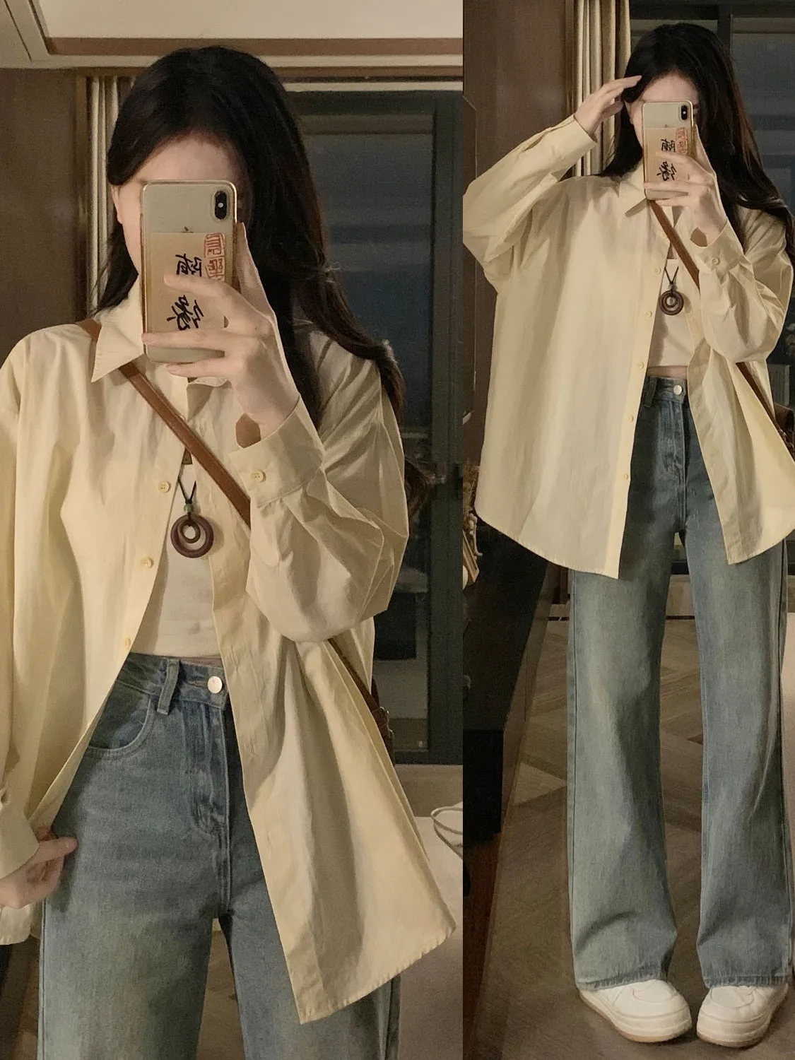 

Casual Collar Long Sleeve Shirt Loose Fit Simple Style Early Spring Women's plus Size Fashionable Top Korean Style Cotton