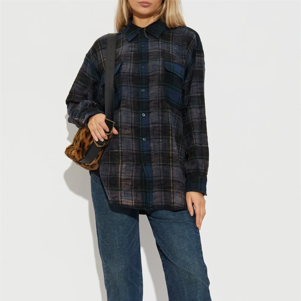 

2026 Women's Fashion Plaid Shirt Casual Commuter Collared Women's Clothing Top Cardigan Y2K New Fashion Versatile T-shirt bra