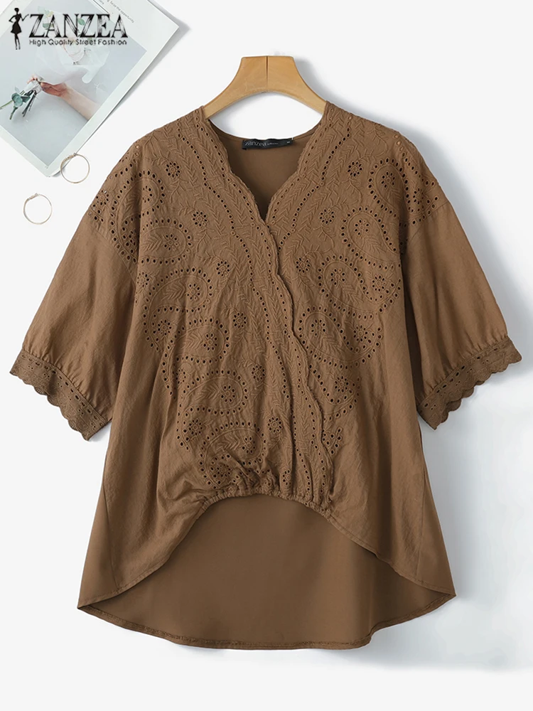 

ZANZEA Korean Fashion Women Solid Blouse Holiday Summer V-neck Tops Casual Loose Short Sleeve Lace Tunics 2025 Stitching Shirts
