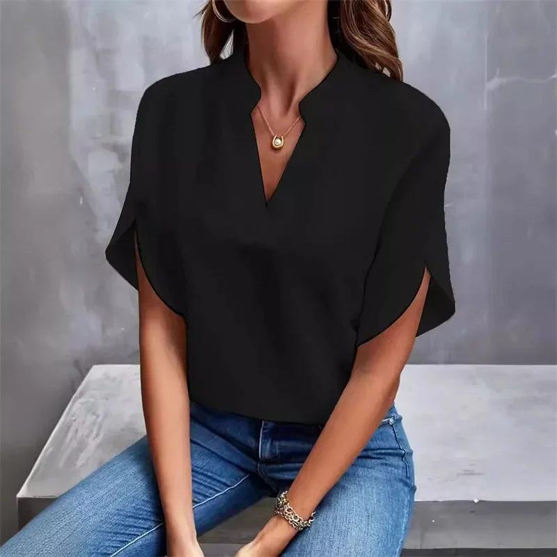 Women Solid Color V Neck Pullover Shirt 2024 Summer Casual Loose Flared Short Sleeve Blouse Elegant Female Office Commuter Tops