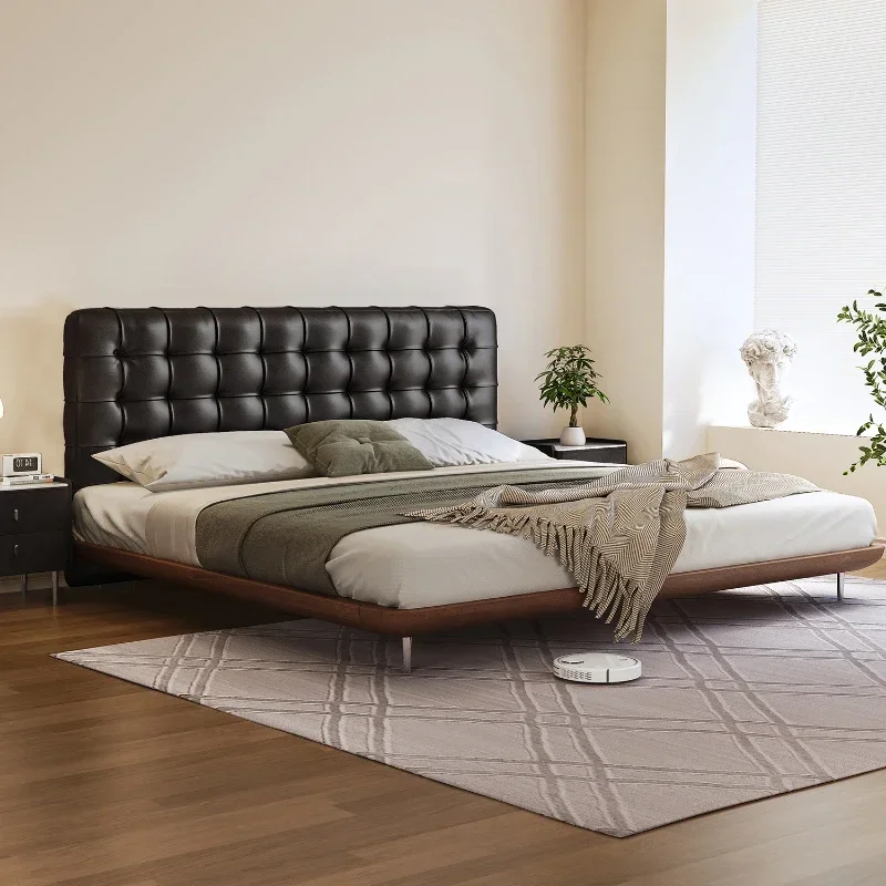 Medieval waffle leather bed Italian minimalist master bedroom double bed retro black solid wood flush edge soft bag wedding bed