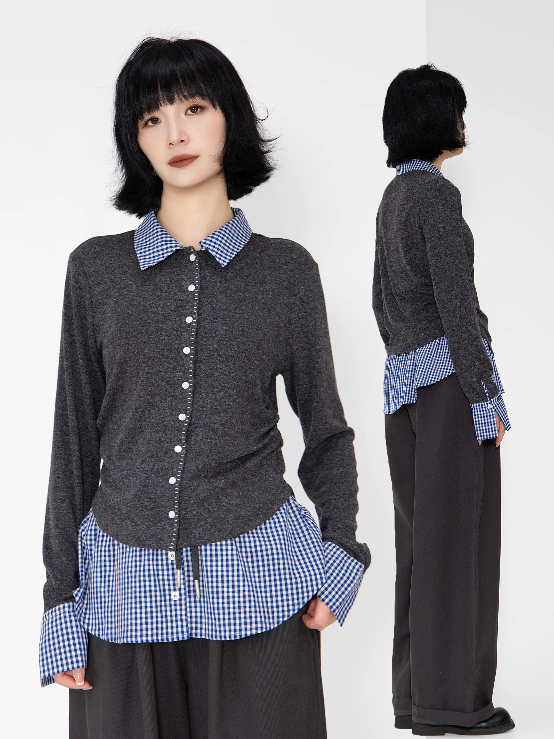 

Shuer 2026 Летняя Новая Вязаная Рубашка с Декоративными Вставками, Женский Топ с Завышенной Талией, Стройнящий Фасон, Художественный Городской Стиль, Длинный Рукав, На Пуговицах