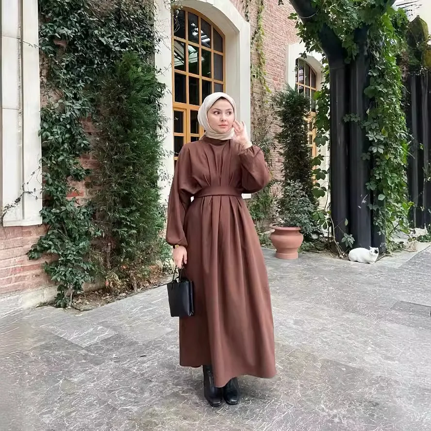 Women's Muslim Party Solid High waisted Maxi Dress Spring Chic Elegant Puff Sleeve Robe Casual Holiday Swing Kaftan Dubai Abaya