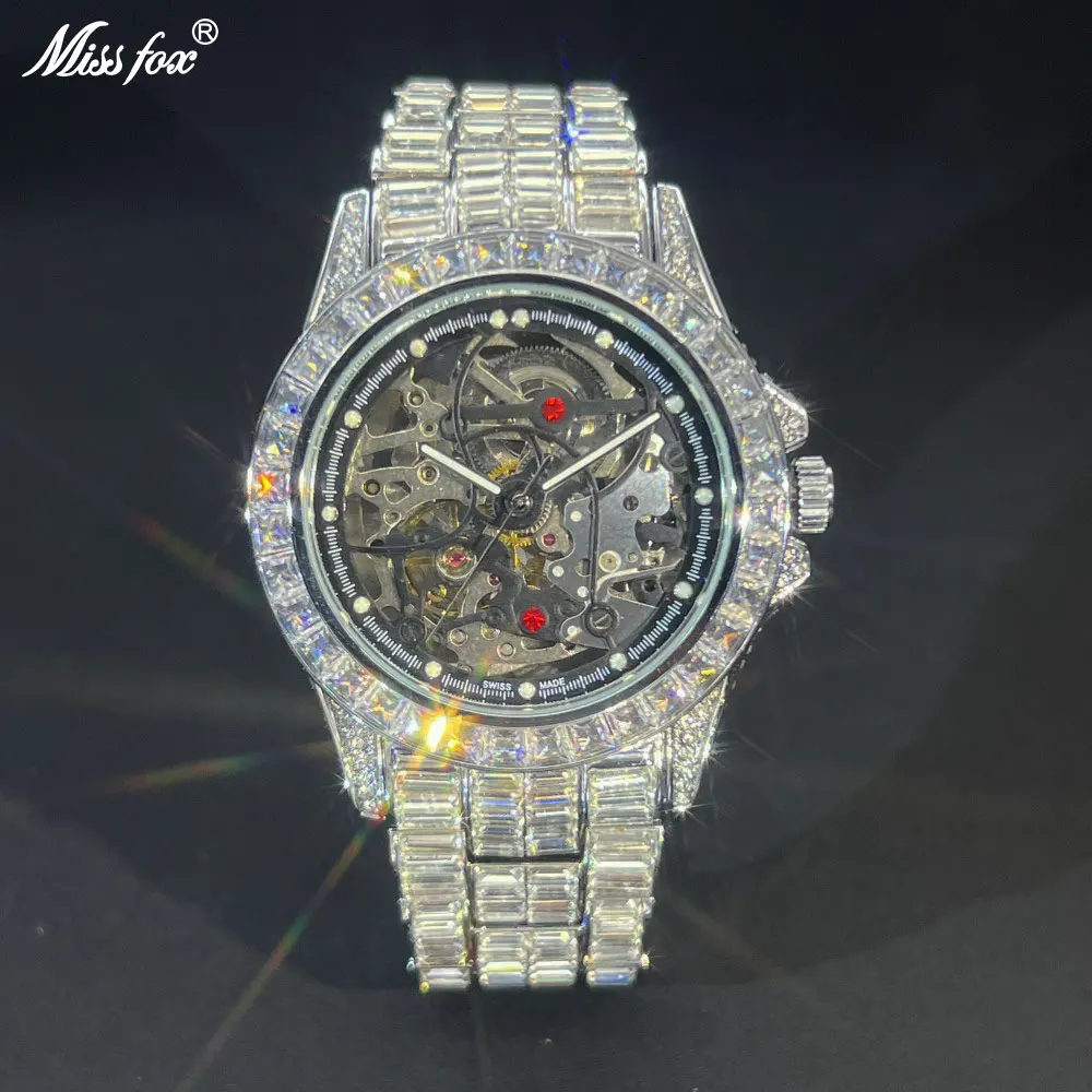 MISSFOX Mechanical Watches Men High End Hip Hop Diamond Auto Watch Luxury Ice Out Shiny Waterproof Relogio Masculino 2026 New