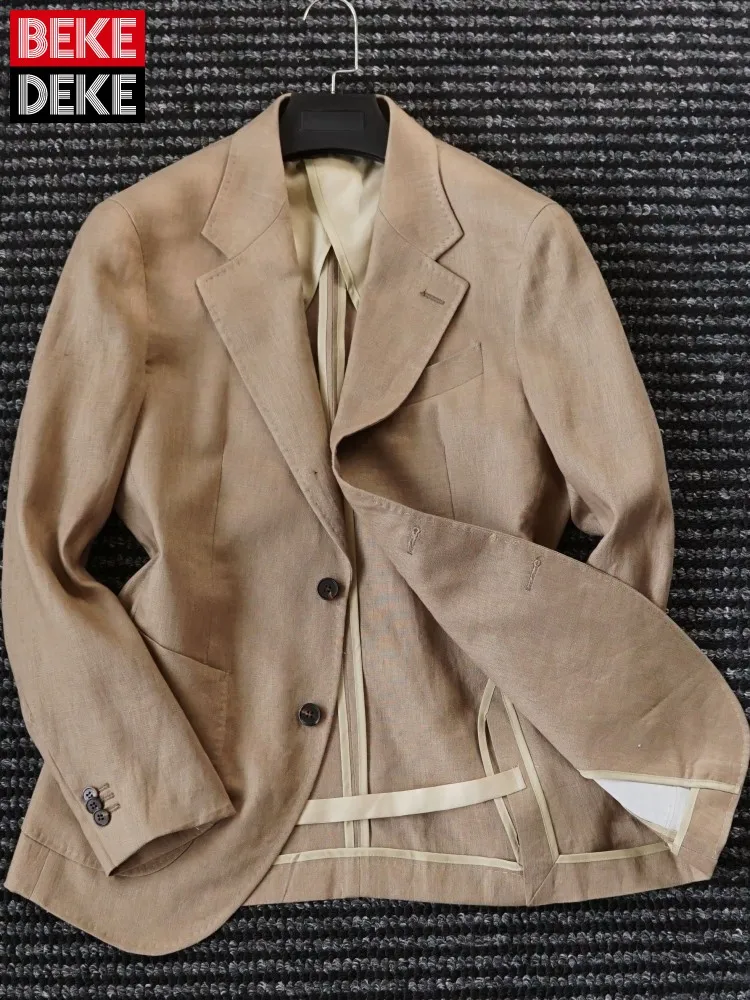 Italian Designer Mens Business Work Breathable 100% Linen Blazer Jacket Slim Fit Single Breasted Office Man Suit Coat Outerwear