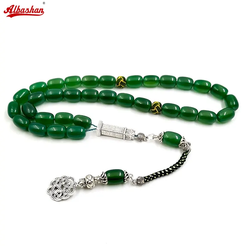 

Tasbih Natural green agate stone 33 45 66 99 beads cylinder shape misbaha muslim eid gift