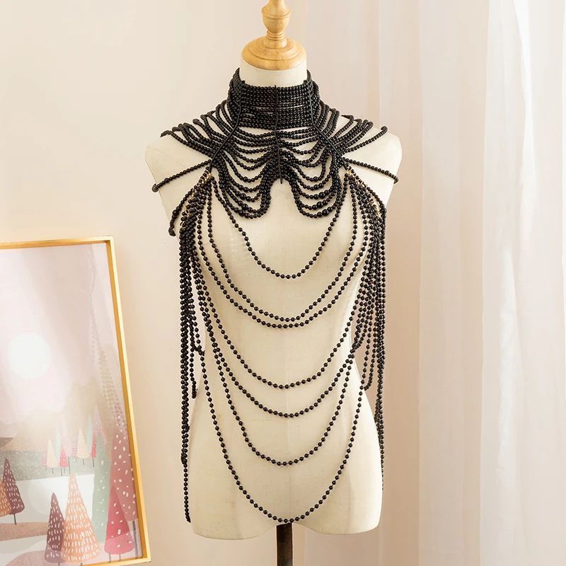 

Luxury Imitation Pearl Bridal Shoulder Chain Jewelry Multi-Layered Fringe Design All Hand Beaded Wedding Dress Shawl Necklace