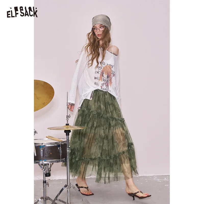 ELFSACK 2025 Summer New Arrival Sweet Cool Design Long Skirt Camouflage Full Print Mesh Bustier Skirt For Woman