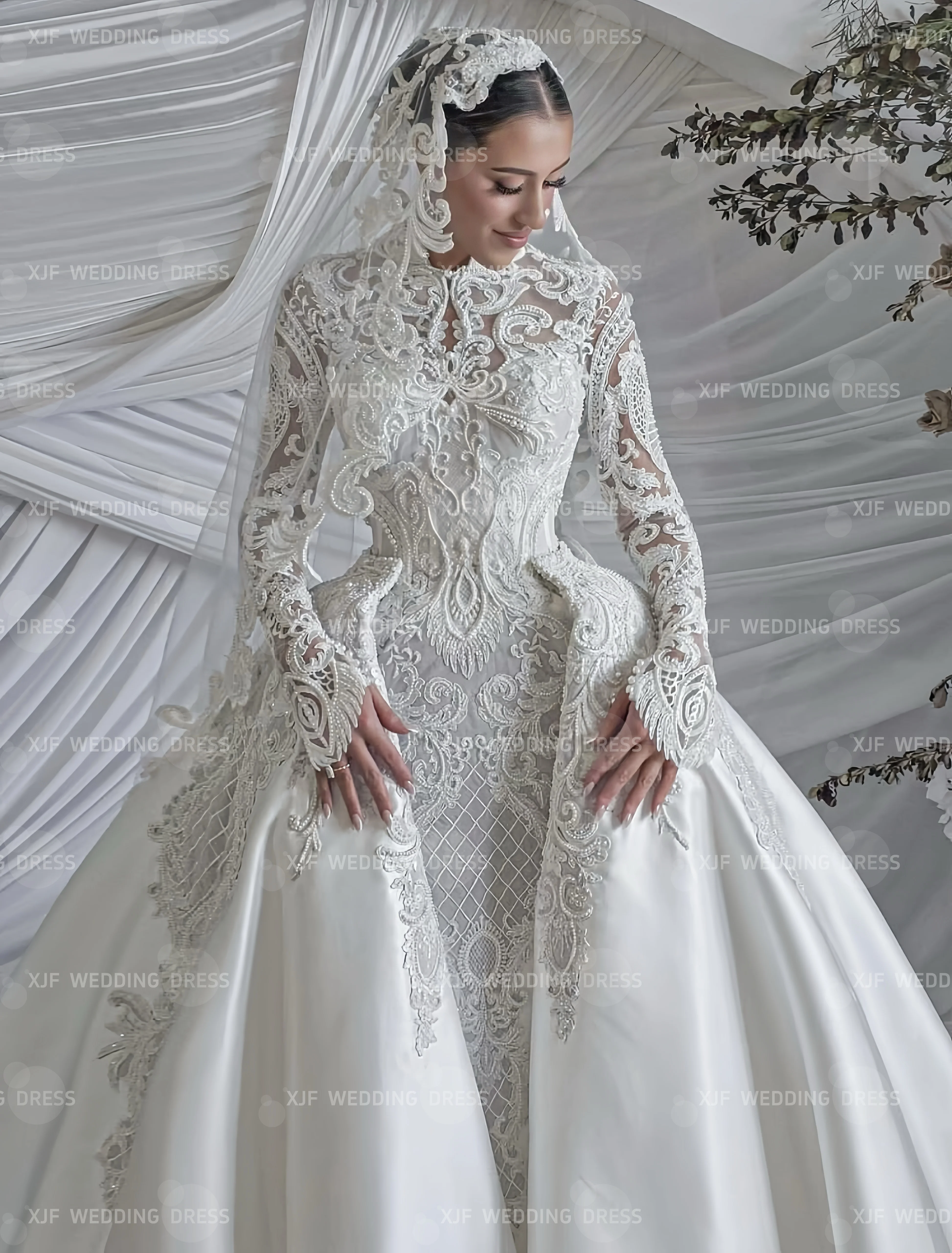 فستان زفاف مخصص بياقة عالية وأكمام طويلة حورية البحر ذيل قابل للانفصال من الدانتيل فستان زفاف فيستدوس دي نوفيا أماندا نوفيا أماندا نوفيا أوففي