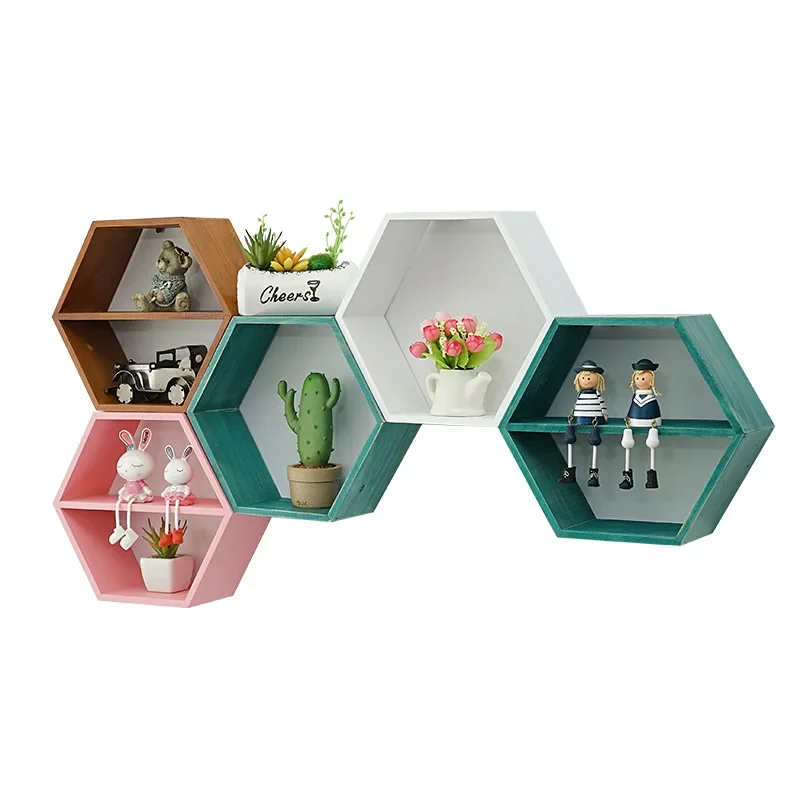 Nordic Style Wooden Decor Wall Mount Hexagonal Frame Books Toys Flower Pot Storage Shelf Holder Figurines Display Crafts Shelves