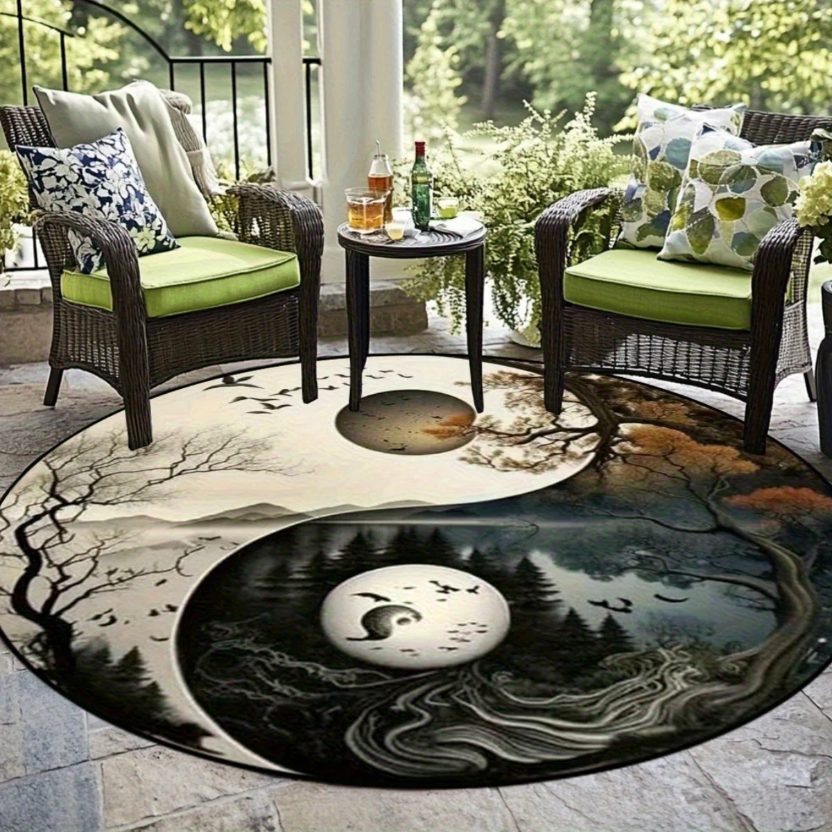 Bohemian Round Yin Yang Abstract Area Rug Polyester Floor Mat Zen Nature Landscape Decor for Living Room Patio Indoor Outdoor Cu