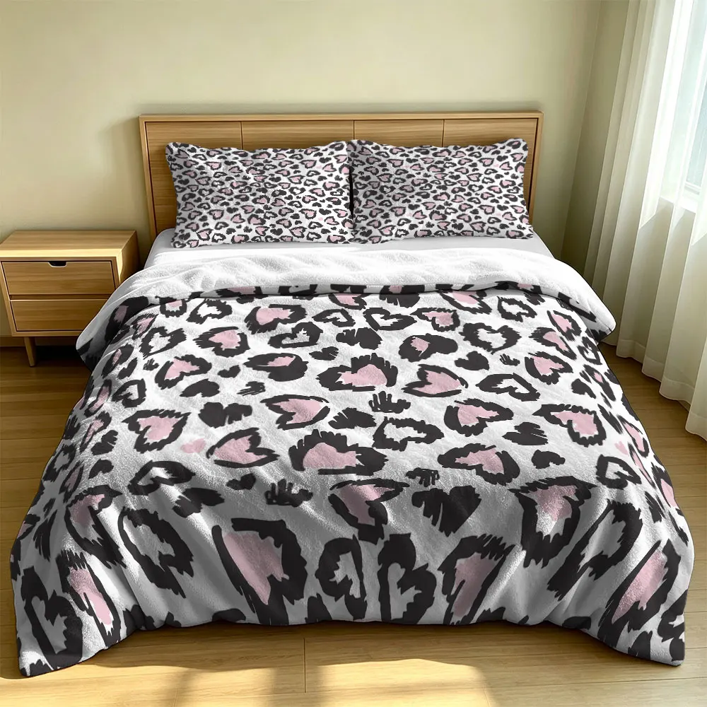 3PCS Black Pink Leopard Print Milk Velvet Duvet Cover Set Without Filling 1 Duvet Cover 2 Pillowcases Soft Fluffy Machine Was