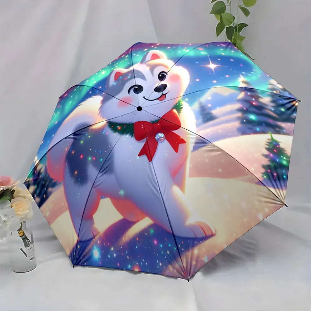 1PC Charming Husky-Themed Umbrella Design Sparkles with Joy Print 8 Iron Ribs Folding Umbrella Auto-Open Fashion Sunshade