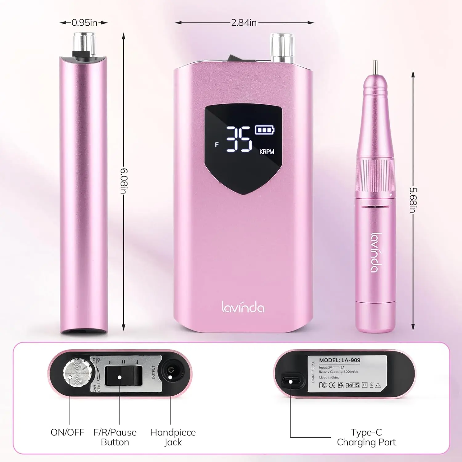 Lime à ongles électrique rechargeable sans fil, 35 000 tr/min, professionnelle pour vernis acrylique et gel, rose