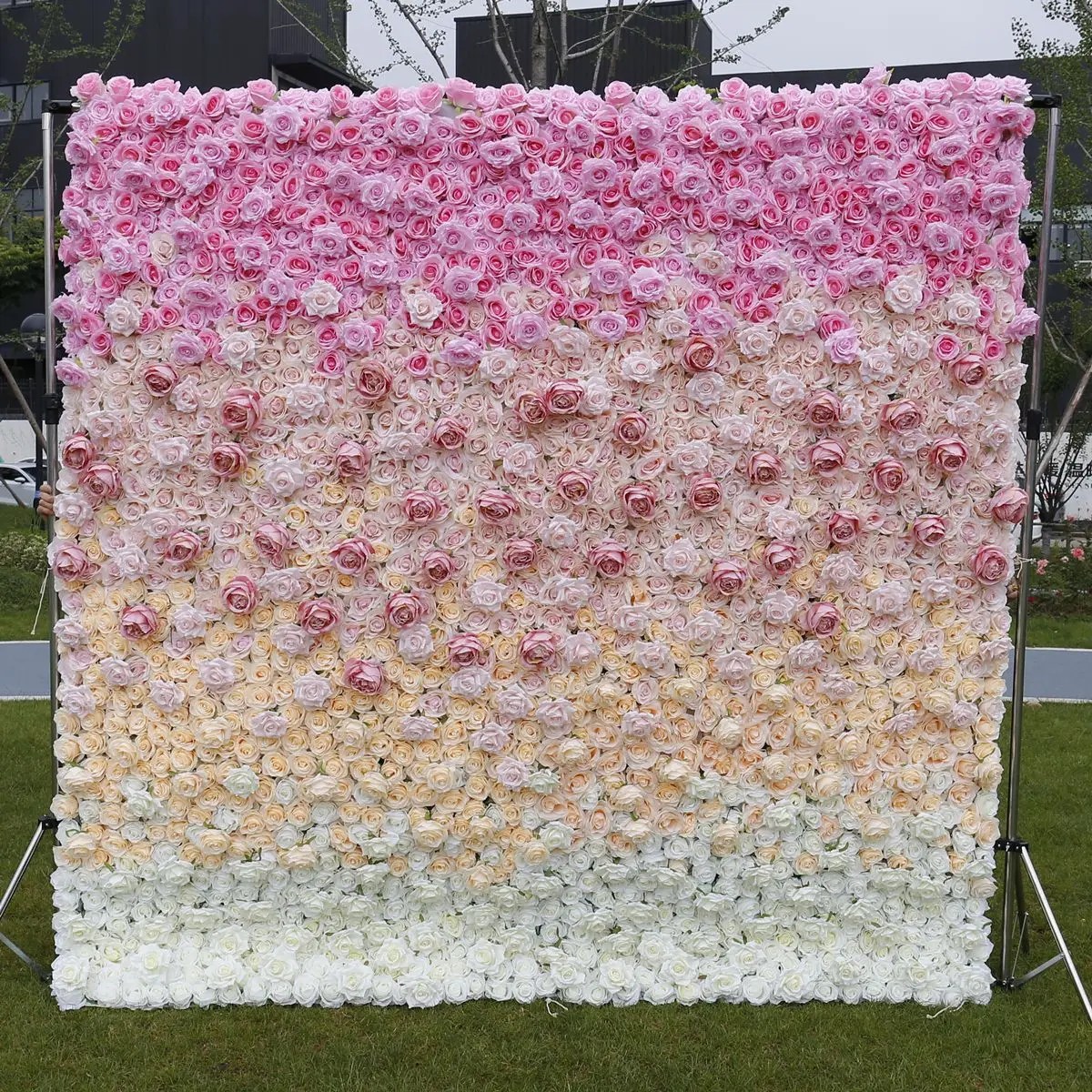 3D pink-white gradient color wall, yellow artificial rose wall, outdoor party wedding background decoration