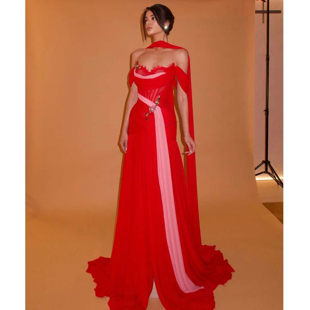 Red Chiffon Evening Dresses Woman Off the Shoulder Patchwork vestidos de noche Arabic Long Prom Dress Party Gown Customized