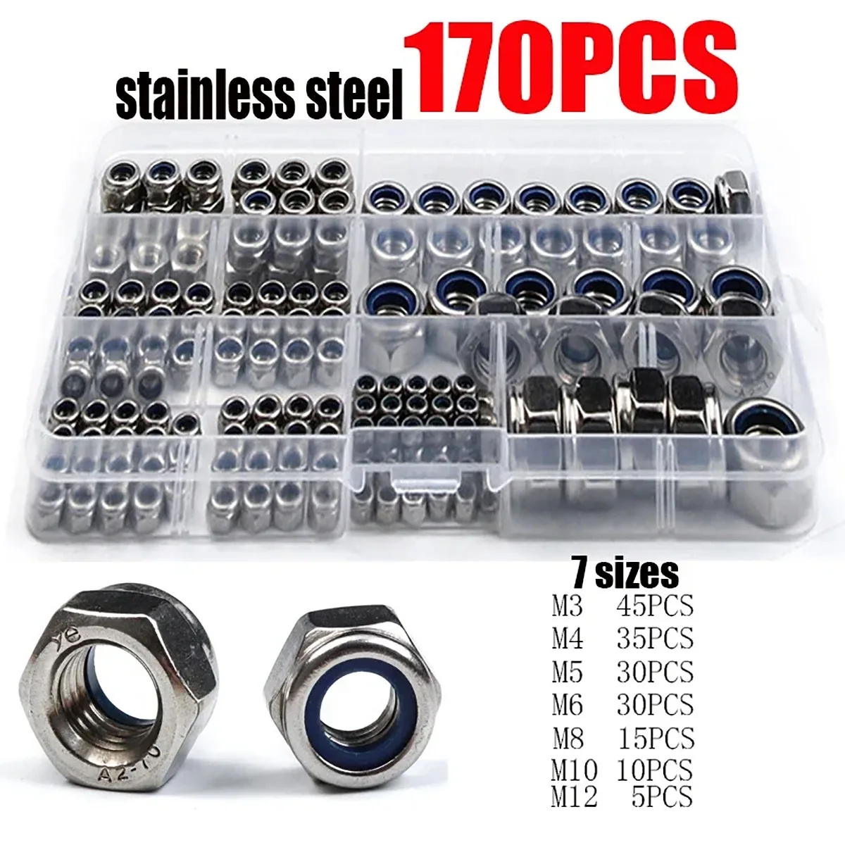 170Pcs 304 Stainless Steel Hexagon Nylon Insert Lock Nut Set Hex Self Locking Assortment Kit Fastening M3 M4 M6 M8 M10 M12 DIY