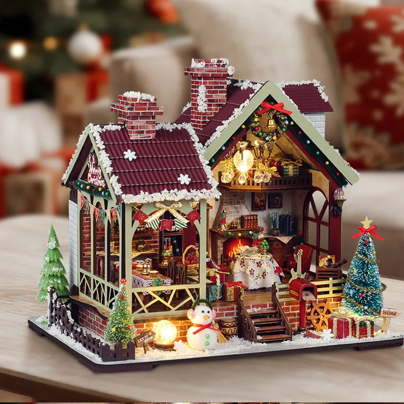 

With LED Lights DIY Wooden Warm Christmas Lodge Casa Doll Houses Miniature Model Kits Dollhouse Furniture for Friends Gifts