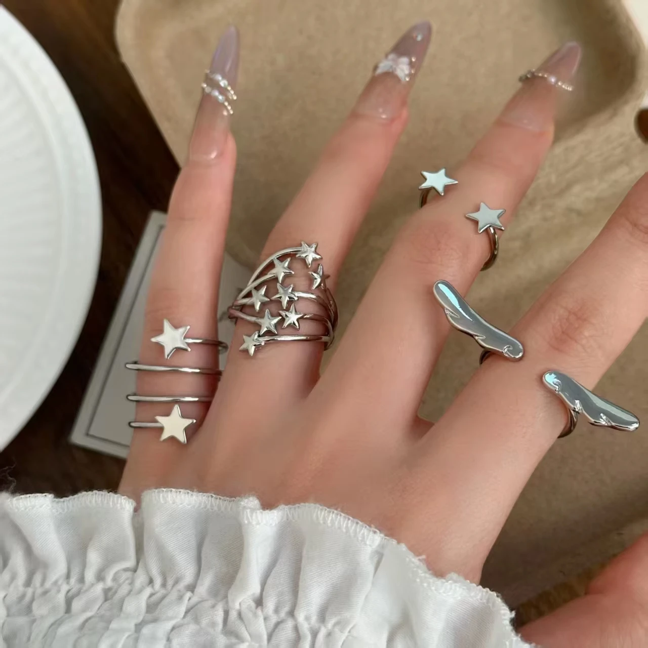 Y2K Punk Kpop Angel Wings Star Open Rings for Women Fashion Silver Color Metal Adjustable Finger Rings Aesthetic Jewelry Gift