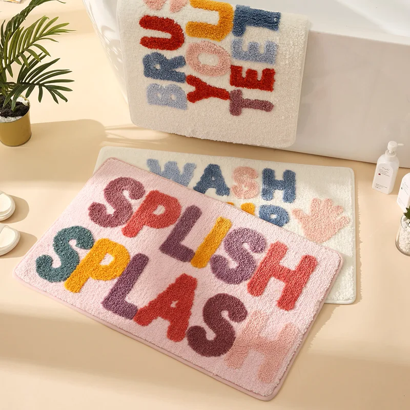 Inyahome Cute Bath Mat Non Slip Soft Fluffy and Absorbent Microfiber Colourful Bathroom Mat Floor Rug Wash Your Hands Funny Mats