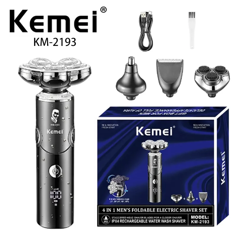 

Facial Treatment Electric Shaver Machine Km-2193 Multifunction Cordless Rechargeable Beard Head Shaver With 5 Cutter Head