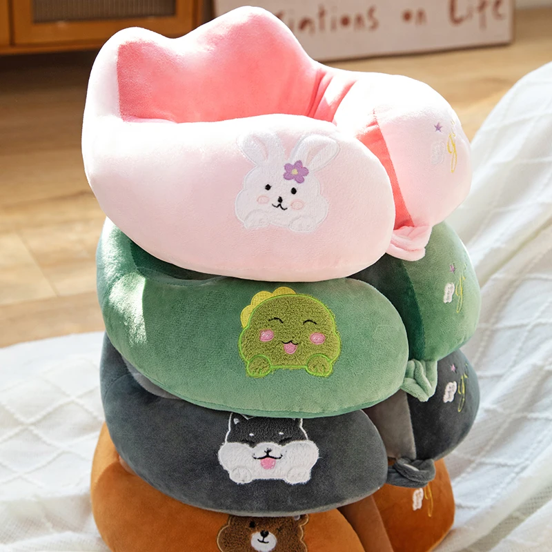 Cute Travel Pillows U Shape Neck Pillow Cartoon Rabbit Dinosaur Dog Bear Pillow for Airplane Memory Cotton Cushion Help Sleeping