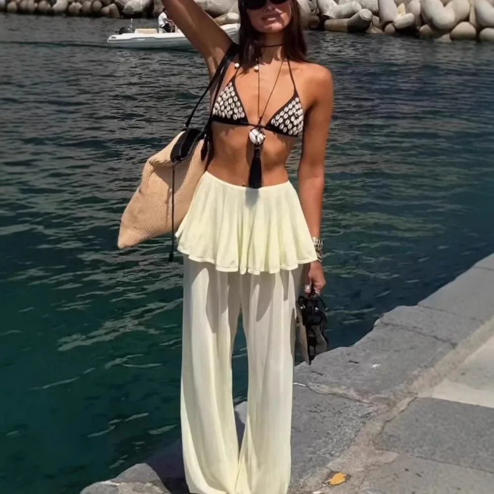 Leg-tie trousers, feminine, casual, cross-border commuting, European and American women's high-waisted trousers, beach-length