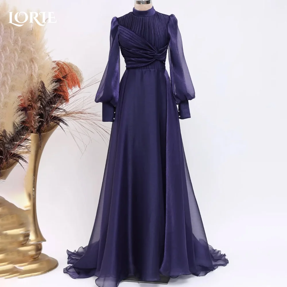 

LORIE Long Sleeve A-line Musilim Evening Dresses Puff Sleeve Pleats Saudi Prom Dress Arabia Dubai Party Gown Customized No Glove