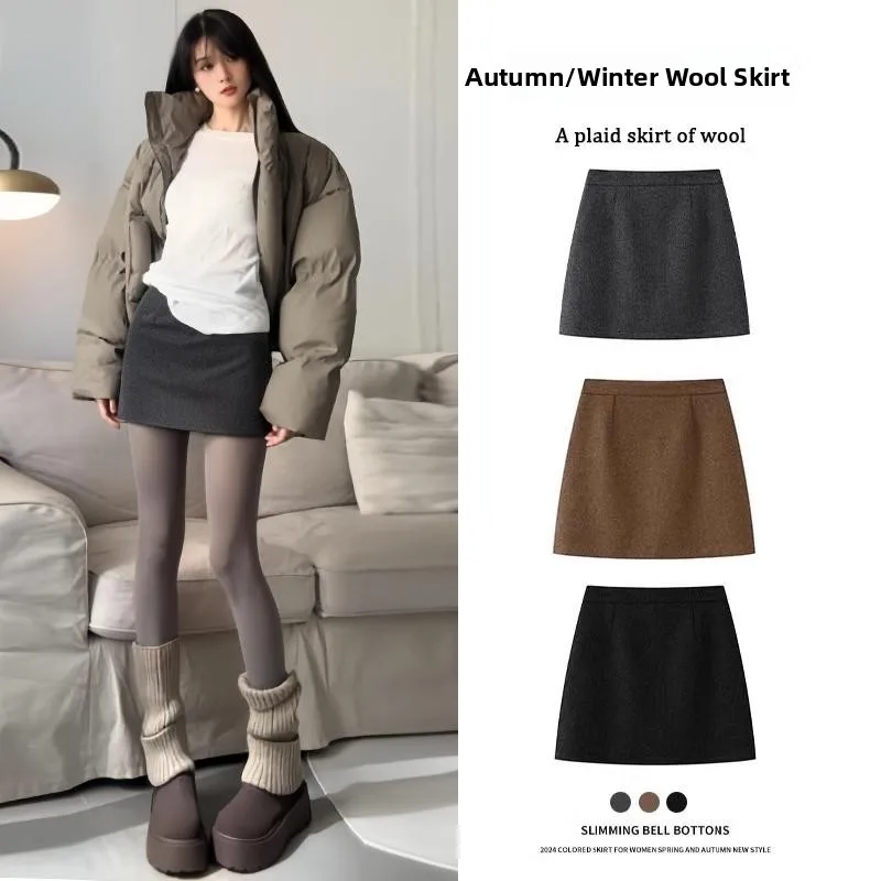 

Карамельная шерстяная юбка женская осенне-зимняя с высокой талией, облегающая, А-силуэт, короткая, в корейском стиле, однотонная, для повседневной носки