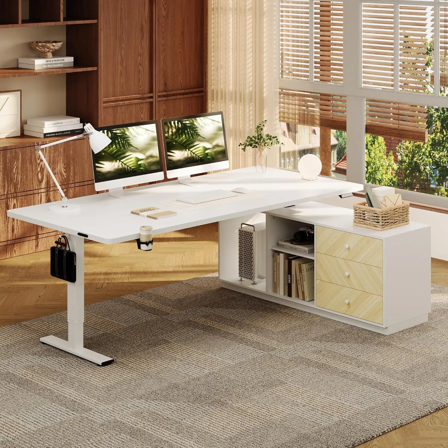

L Shaped Electric Standing Desk with Drawers Height Adjustable Sit Stand Workstation PC Cabinet 63"x32", Customized