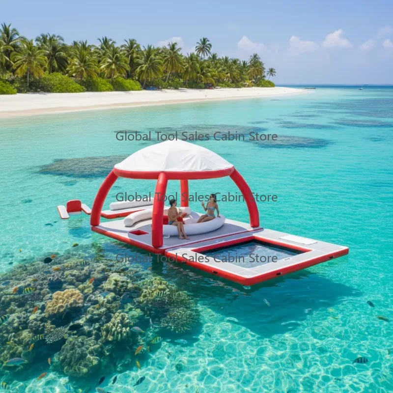 Inflatable Water Platform with Sunshade Floating Island Sea Pool for Family Water Parks Yacht Owners Leisure Enthusiasts