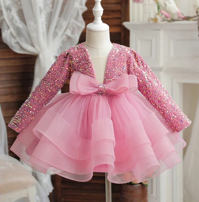 

Spring Girls' New Sequined Bow Long Sleeved Multi-Layer Mesh Party Princess Dress Wedding Flower Girl Sweet and Cute Dress