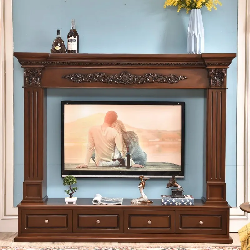 خزانة مدفأة خشبية من الريف الأوروبي بطول 2 متر حامل تلفاز أبيض منحوت زخارف زخرفية فاخرة وحديثة لغرفة المعيشة المنزلية