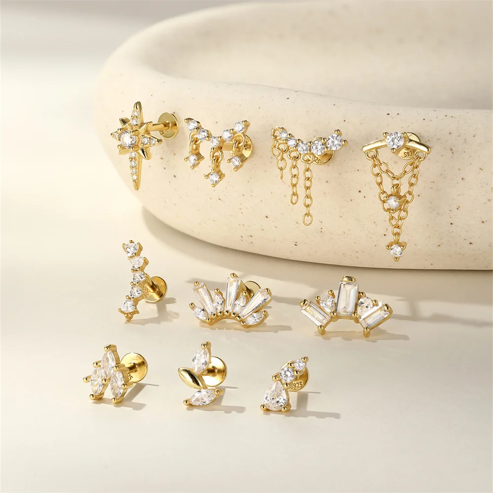 

AIDE Plata Real 925 Sterling Silver Dark Blue Color Zircon Piercing Earring For Women Flat Head Ear Studs Pendientes Jewelry 1pc