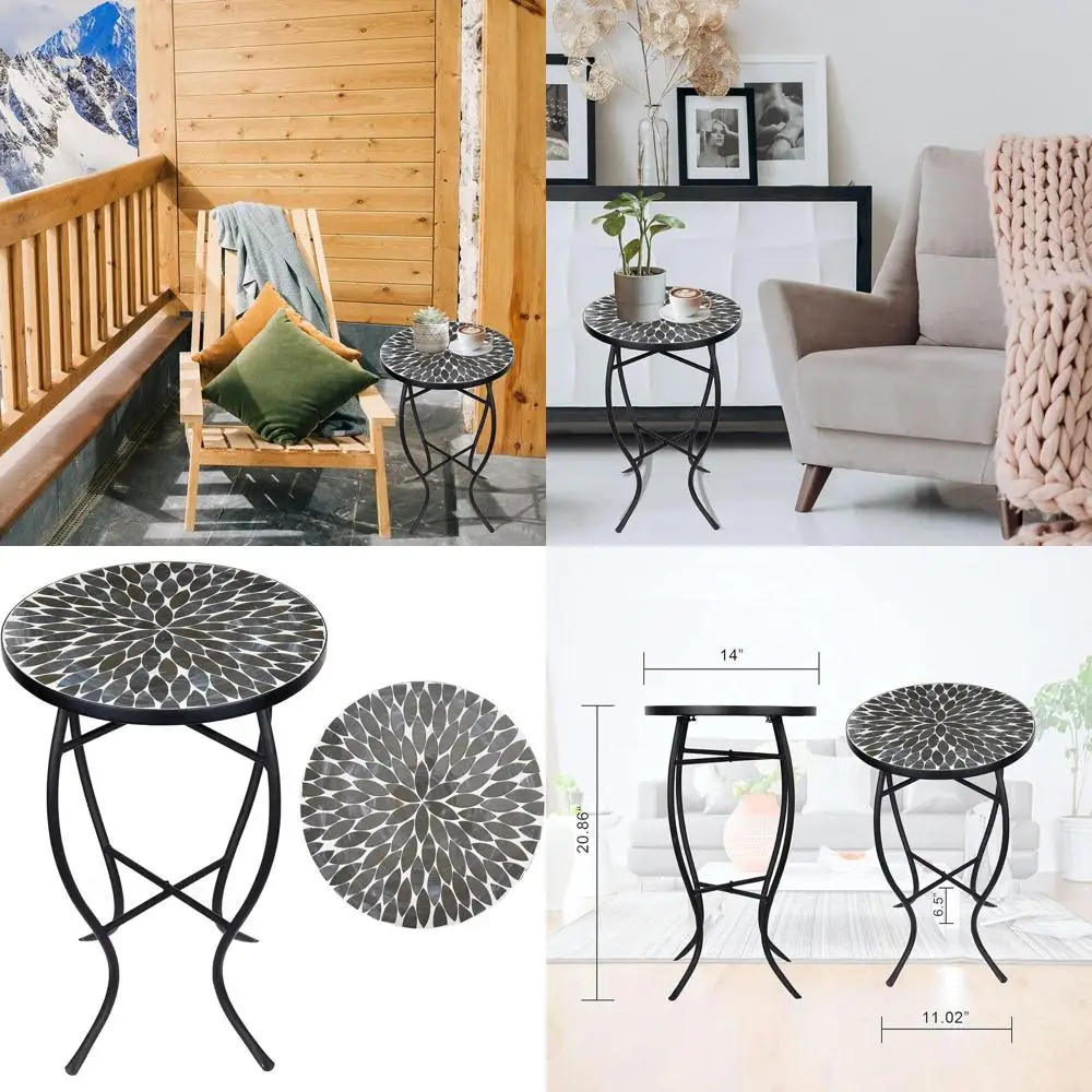 

Round Mosaic Outdoor Side Table with Black Iron Stand for Patio, Garden, Backyard, and Balcony