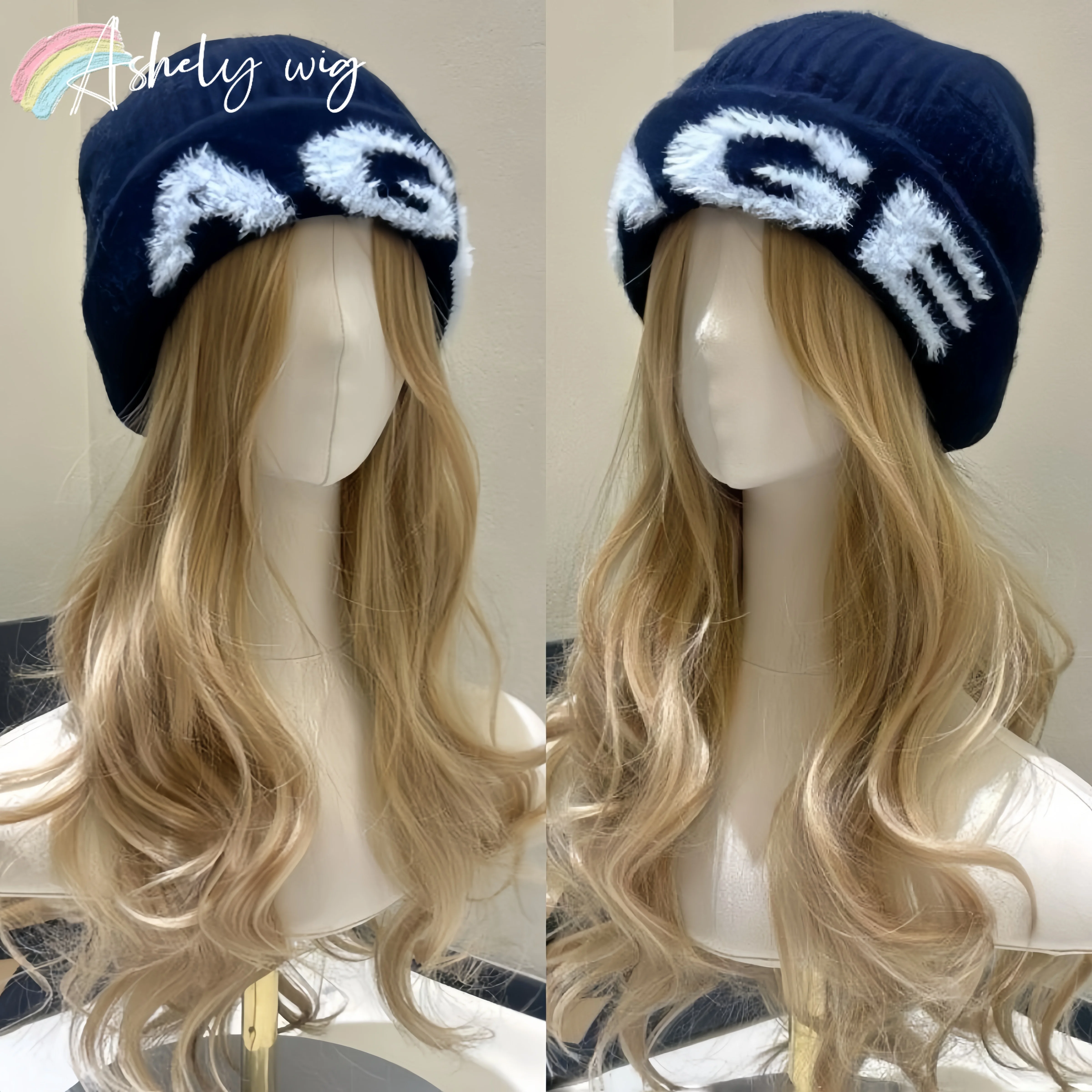 

Ashely Knitted Woolen Hat Wig Long Curly Hair Wig for Women Natural Woman 2025 New Style Natural Simulation Headband Wig Cap