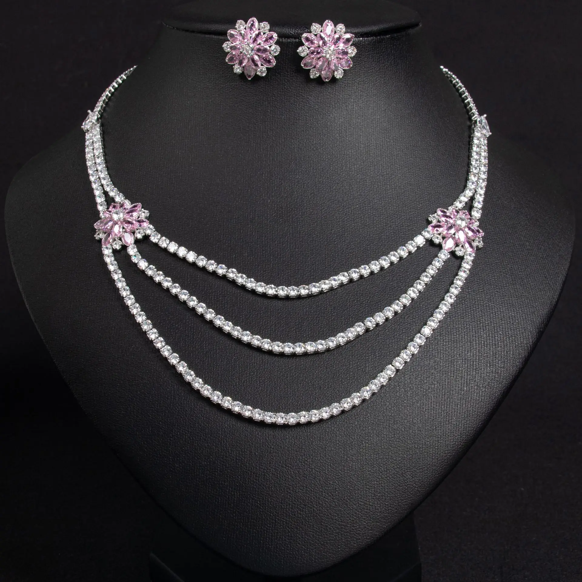 2 Pieces Light Luxury Elegant Women Jewellery Set Flower Multi Layers Necklace Earrings Daily Dress Prom Gift Party M-536