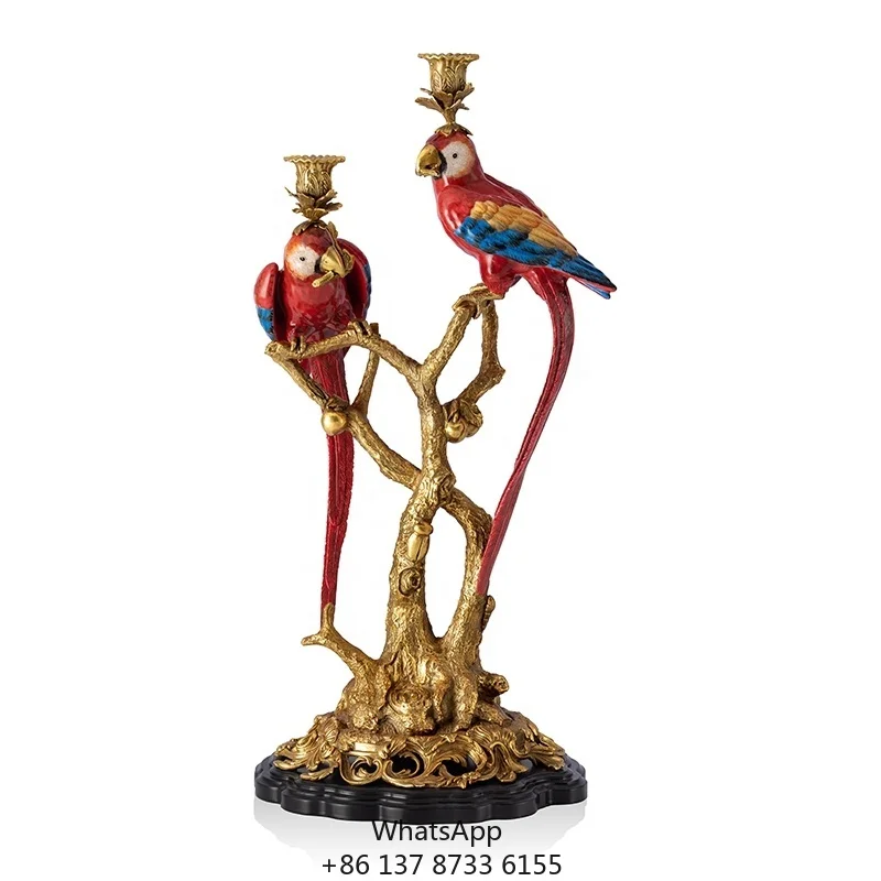 Classic Hand-painted Red Parrot Porcelain Candle Holder 2 Arm Candlestick Holder Exquisite Living Room Tabletop Decoration